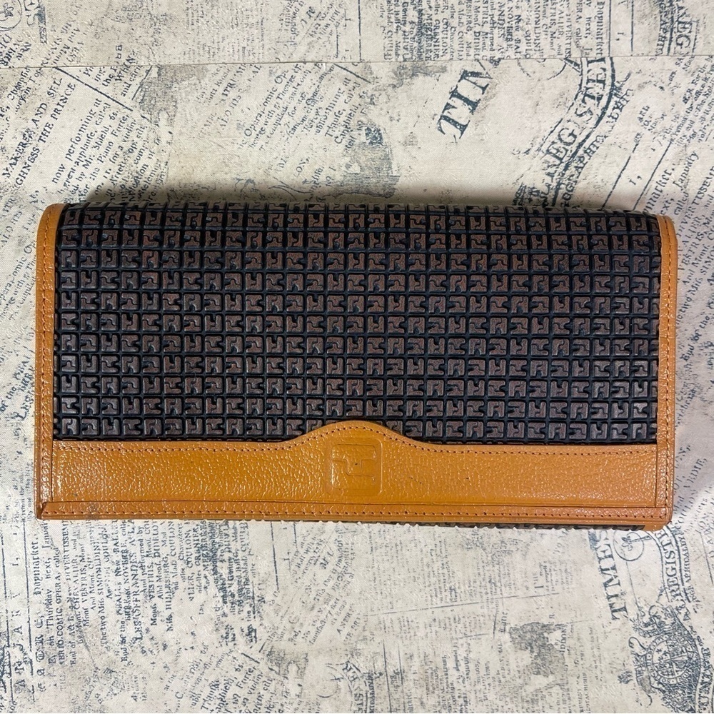 Vintage Ted Lapidus Paris Monogram Leather Wallet Tan Brown Bifold France